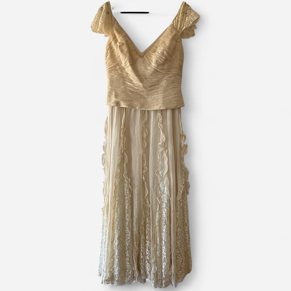 Mon Cheri Bridals Ivory Silk Beaded Lace Maxi Dress Gown V-Neck Ruched Size 8